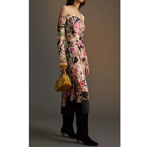 Anthropologie 2-Piece Floral Top & Skirt Set Off The Shoulder Black Pink Floral